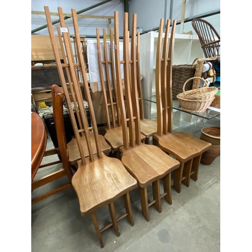 92 - 6 handmade oak high back dining chairs 150H 40W 48D