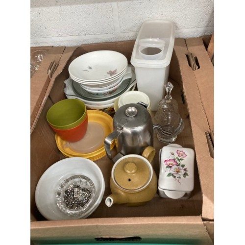 471 - 6 boxes of Tupperware, 5 Waterford crystal glasses, The Viking cast & brass kitchen scales with weig... 