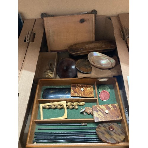 502 - 5 good boxes of collectables inc. furniture fittings, RAF officers cap, trophy bases, Chinese plate ... 