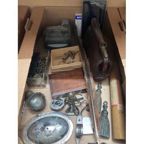 502 - 5 good boxes of collectables inc. furniture fittings, RAF officers cap, trophy bases, Chinese plate ... 