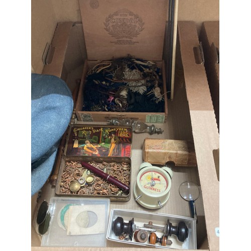 502 - 5 good boxes of collectables inc. furniture fittings, RAF officers cap, trophy bases, Chinese plate ... 