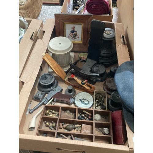 502 - 5 good boxes of collectables inc. furniture fittings, RAF officers cap, trophy bases, Chinese plate ... 