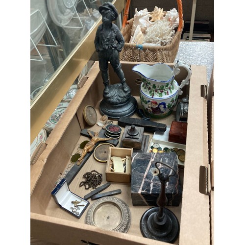 502 - 5 good boxes of collectables inc. furniture fittings, RAF officers cap, trophy bases, Chinese plate ... 