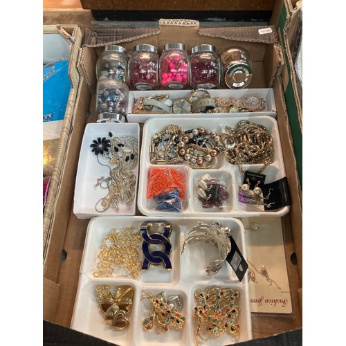 505 - 3 boxes of costume jewellery inc. earring stand, jewellery gift boxes, watches, jewellery making bea... 