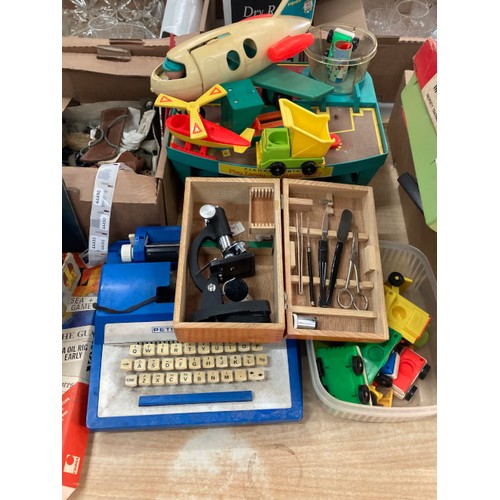 553 - Vintage toy collection including Fisher Price garage with elevator, Fisher Price Airport both with a... 