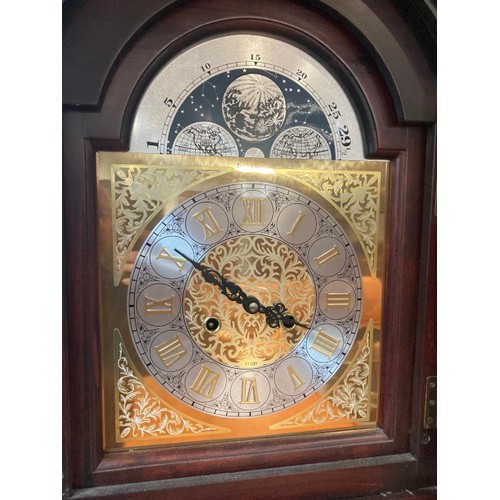 189 - Mahogany cased Sylvan Timepieces 31 day grandfather clock with pendulum and key 210H 50W 22D