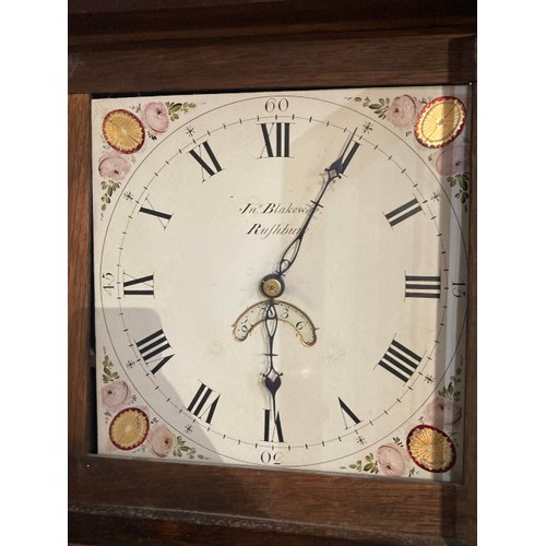 150 - Mahogany cased JN Blakeway of Rufhbury grandfather clock with pendulum and one weight (signs of worm... 