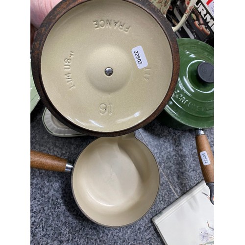 264 - 2 green cast Le Creuset lidded pans, boxed Tefal gourmet set, 3 Carlton Ware dishes, Heron Cross Pot... 