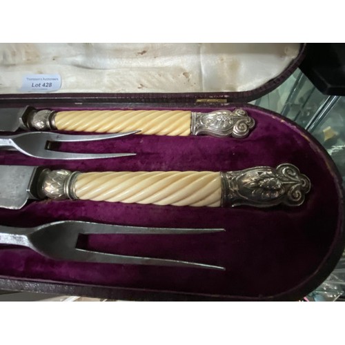 428 - Cased 4 piece Joseph Rodgers & Sons bone & silver tipped carving set (One fork as seen)