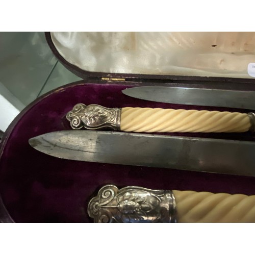 428 - Cased 4 piece Joseph Rodgers & Sons bone & silver tipped carving set (One fork as seen)