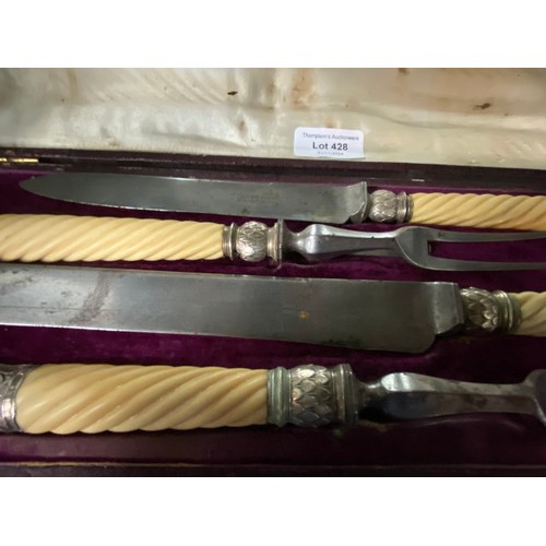 428 - Cased 4 piece Joseph Rodgers & Sons bone & silver tipped carving set (One fork as seen)