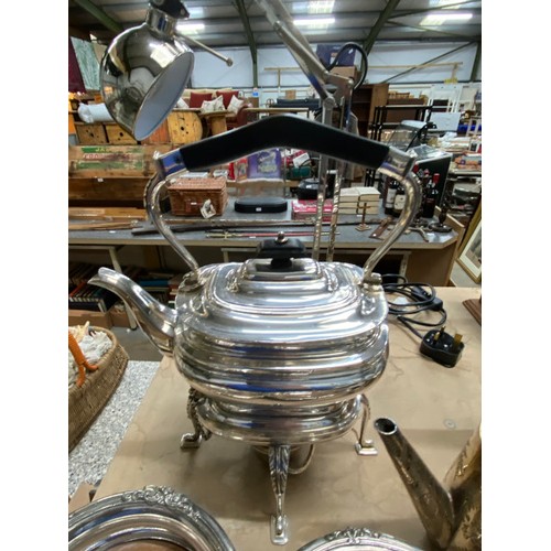 524 - Selection of silver plate inc. spirit kettle, 4 piece tea set, tureen handles, dagger, pair of coast... 