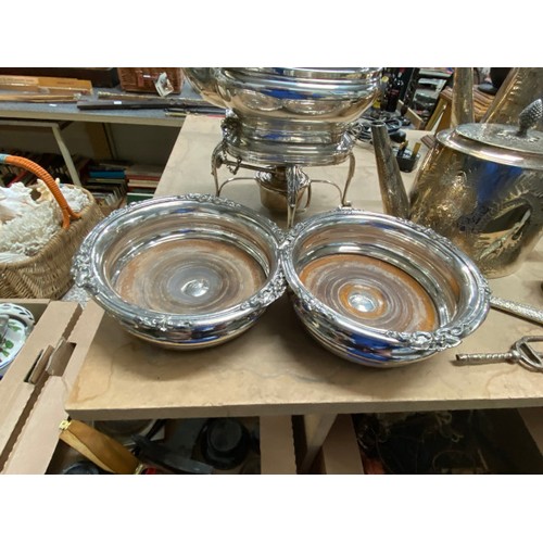 524 - Selection of silver plate inc. spirit kettle, 4 piece tea set, tureen handles, dagger, pair of coast... 