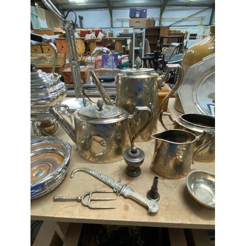 524 - Selection of silver plate inc. spirit kettle, 4 piece tea set, tureen handles, dagger, pair of coast... 