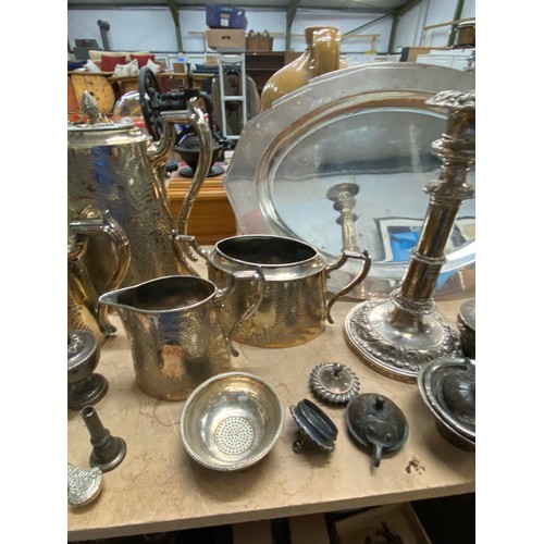 524 - Selection of silver plate inc. spirit kettle, 4 piece tea set, tureen handles, dagger, pair of coast... 