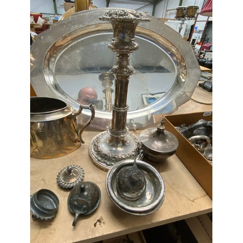 524 - Selection of silver plate inc. spirit kettle, 4 piece tea set, tureen handles, dagger, pair of coast... 