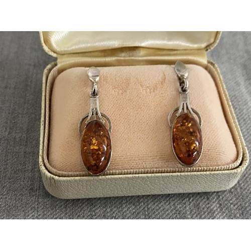 350 - Pair of silver & amber set drop earrings