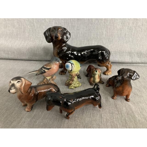 379 - 2 Beswick birds 'Chaffinch' & 'Blue Tit' & 5 Dachshunds inc. Beswick & Goebel