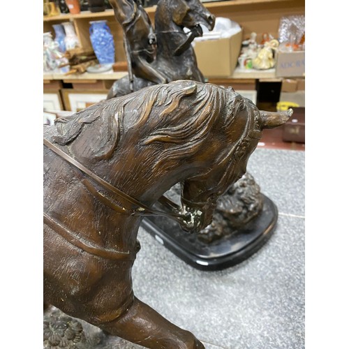 240 - Signed Benje cast bronze statue of 'Hornblower on horseback' 50W 62H 21D