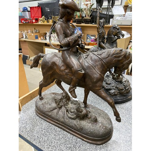 240 - Signed Benje cast bronze statue of 'Hornblower on horseback' 50W 62H 21D