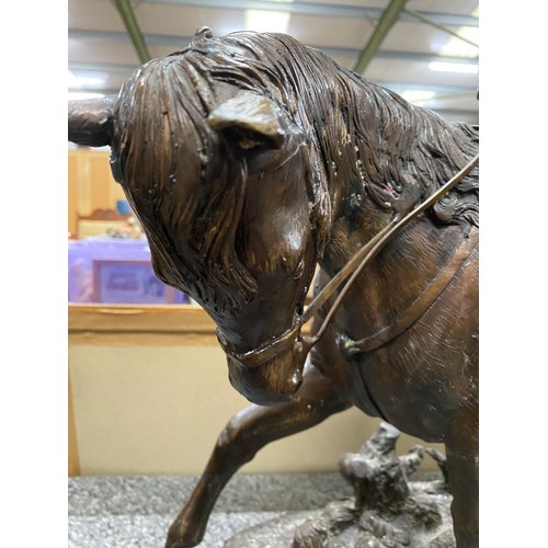 240 - Signed Benje cast bronze statue of 'Hornblower on horseback' 50W 62H 21D