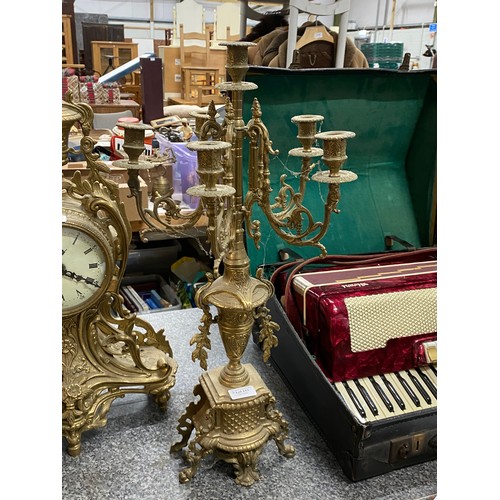 243 - Ornate gilt metal Imperial clock garniture, no key