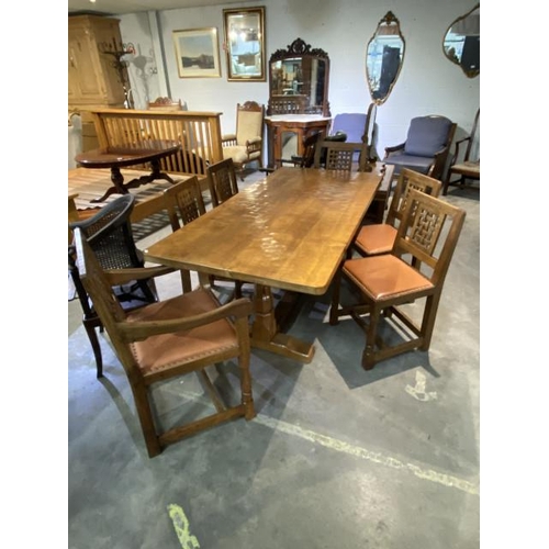 144 - Robert ‘Mouseman’ Thompson (Kilburn 1876-1955) adzed oak refectory table with carved mouse signature... 