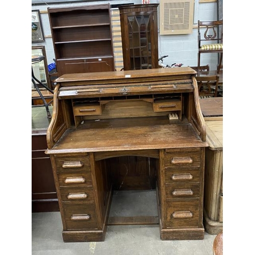 54 - Early 20th century oak roll top tambour desk 117H 107W 69D (as found)