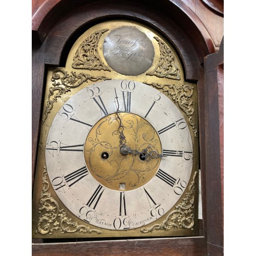 106 - George lll mahogany inlaid 8 day long case clock by W Watson, Blackburn with pendulum, weights and w... 