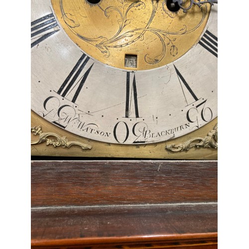 106 - George lll mahogany inlaid 8 day long case clock by W Watson, Blackburn with pendulum, weights and w... 