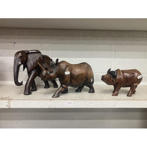 325 - 3 wooden carved African animals - elephant, rhinoceros and water buffalo