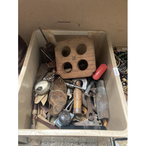 364 - Crate of vintage tools inc. voltmeter, Moore & Wright caliper etc.