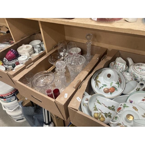 380 - 3 boxes containing cranberry glass posy vase, pair of etched vine decanters, Royal Worcester 'Evesha... 