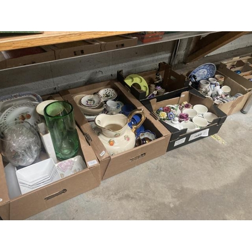 404 - 5 boxes of ceramics inc., 2 glass vases, flower posies, steins, figurines, jugs etc.