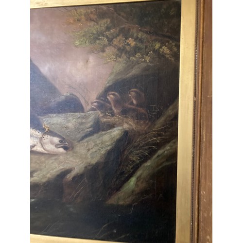 114 - Robert Cleminson (fl.1864-1903) framed oil on canvas of a Highland lake scene with feeding otter, si... 