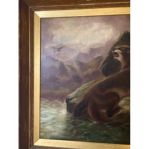 114 - Robert Cleminson (fl.1864-1903) framed oil on canvas of a Highland lake scene with feeding otter, si... 