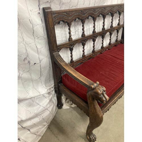 126 - Victorian carved oak hall bench with lions head carved armrests 105H 136W 56D