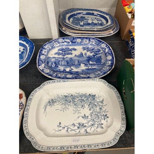 335 - 14 large antique blue and white meat plates including Georgian (some as found)