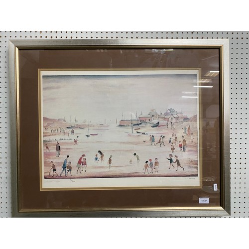 346 - Framed pencil signed L.S. Lowry print 'On The Sands' 199/500 65cm x 80cm (no certificate of authenti... 