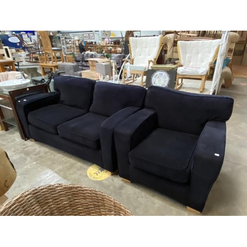 115 - Dark blue velvet effect 2 piece suite (settee 76H 170W 95D, armchair 76H 93W 95D