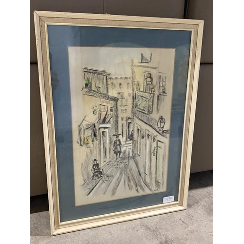 123 - Mid century framed charcoal 'Old Lisbon - Amalfa' signed to bottom right C.W. 44 x 59cm