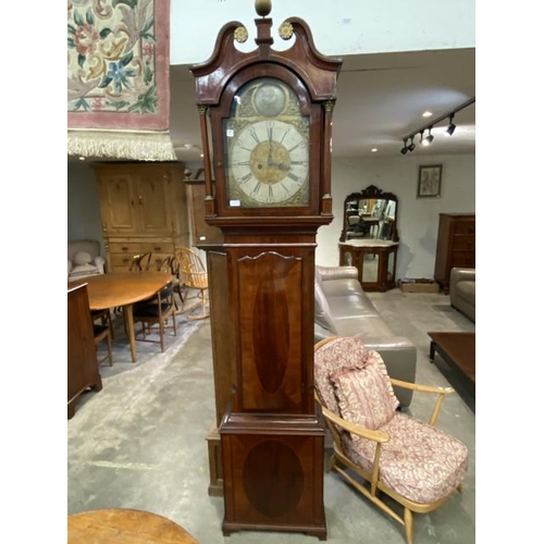 128 - George lll mahogany inlaid 8 day long case clock by W Watson, Blackburn with pendulum, weights and w... 