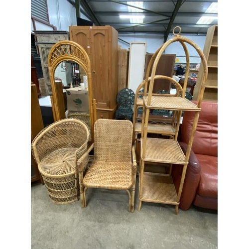 79 - Wicker tub chair 80H 53W, wicker/bamboo display shelf 127H 57W 26D, bamboo framed cheval mirror 157H... 