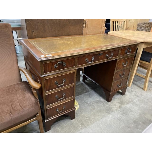 86 - Mahogany pedestal desk with brown leather inset 76H 120W 60D