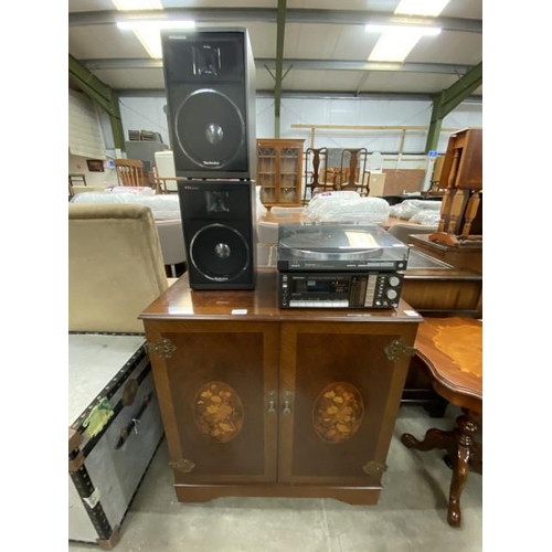 94 - Period High Fidelity Ltd mahogany media cupboard 79H 72W 37D with Technics SL-3 turntable, SA-K6L st... 