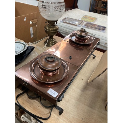 393 - Copper and wrought iron table top food/plate warmer with 2 spirit burners 17H 62W 17D, brass oil lam... 