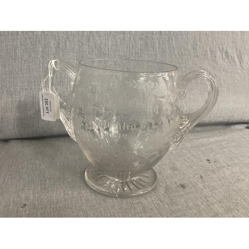 362 - Victorian etched glass celery vase dated 1872, 15.5cm high