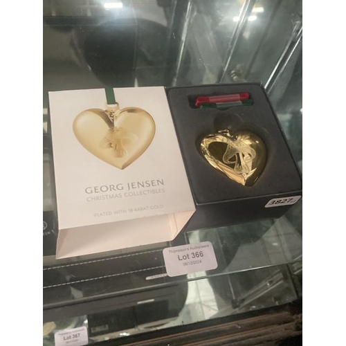 366 - Boxed Georg Jensen Christmas 18 karat gold plated toadstool heart bauble with ribbon