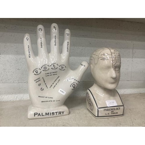 379 - Ceramic 'Palmistry' hand 31H & ceramic 'Phrenology' head 24H