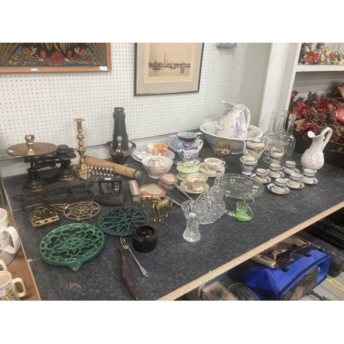 384 - Collection of pottery, dressing table set, cast scales with weights, brass & cast trivets, Mikado ha... 